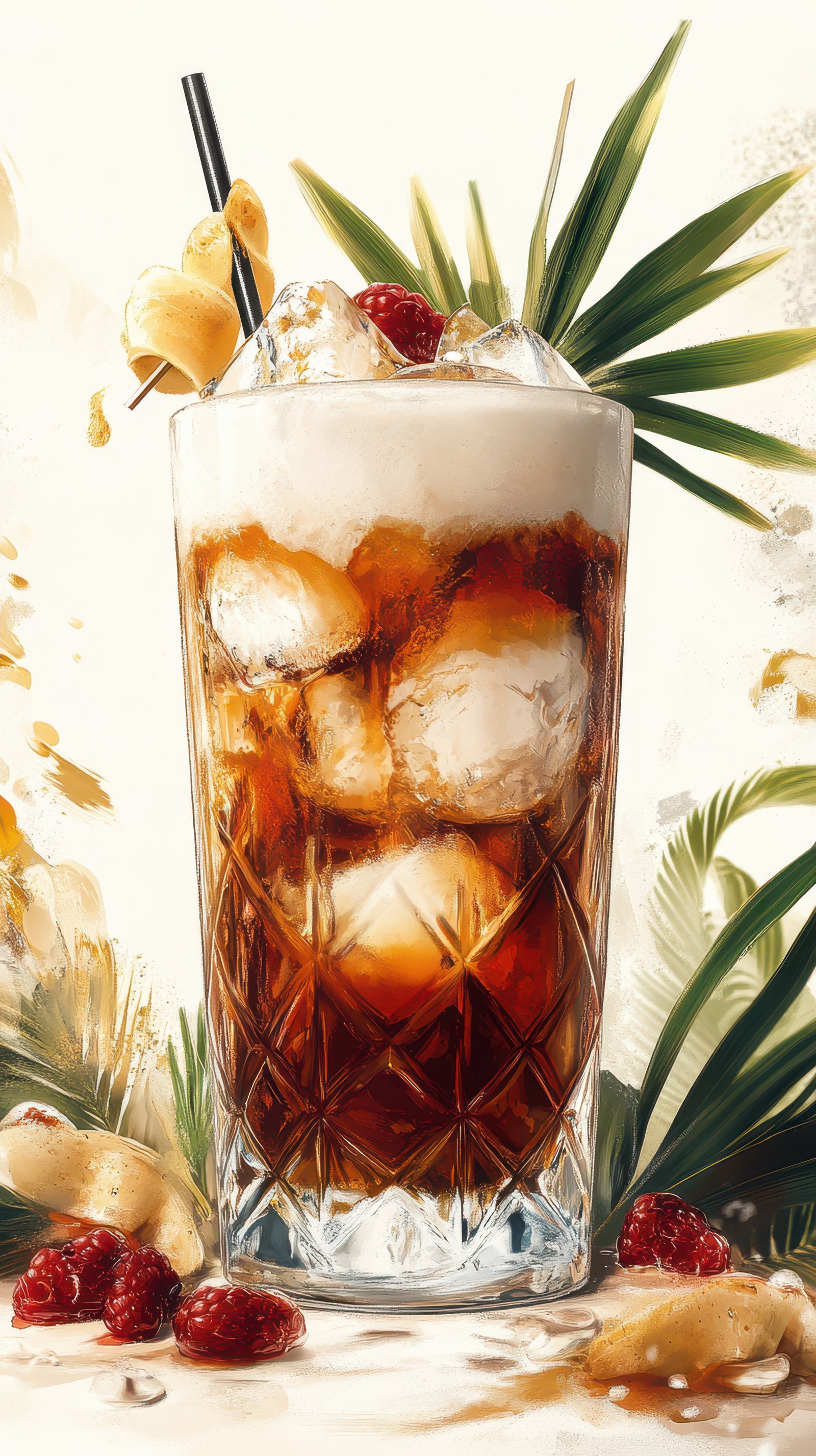 Refreshing drink with ice, raspberries, and tropical elements on a bright background